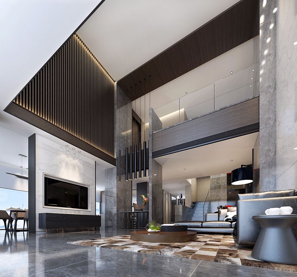 黑白灰现代简约风格室内装修效果图-绵阳天湖郦都别墅420平米